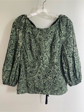 Eva Franco Sage Green Black Embroidered Puff-Sleeve Blouse